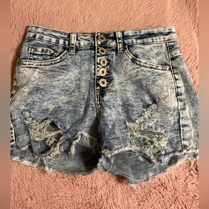 High waisted light wash jean shorts.